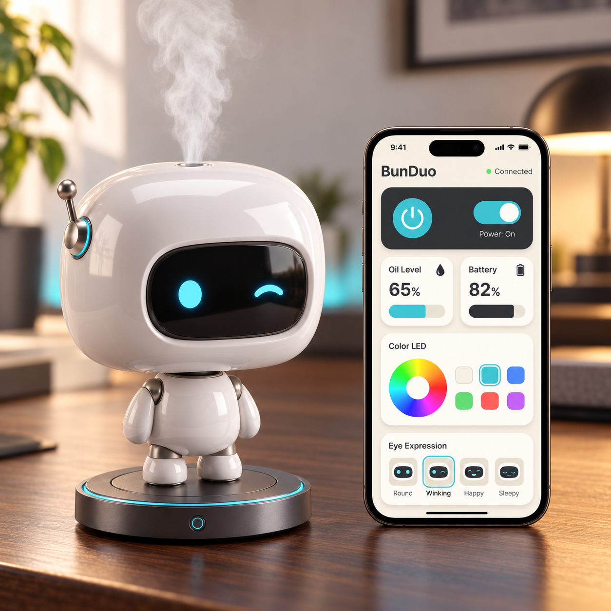 BunDuo Numi winking beside the BunDuo mobile app