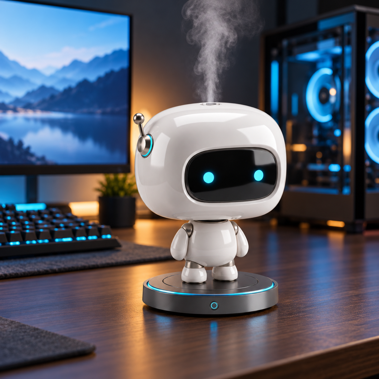 BunDuo Numi aroma diffuser releasing a gentle mist on a gaming desk